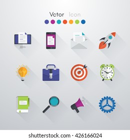 Vector icons set. computer, phone, mail, rocket, idea, business, target, clock, book, search, speaker, machine