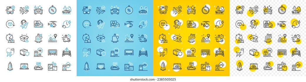 Vector icons set of Confirmed flight, Online delivery and Delivery warning line icons pack for web with Charging time, Rocket, Travel compass outline icon. Car wash, Gas station. Vector