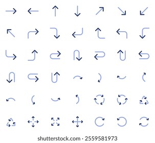 Vector icons set containing 42 arrows icon. Isolated arrow cursor collection. Simple modern pictogram shape - duotone bold line style.