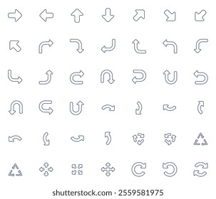 Vector icons set containing 42 arrows icon. Isolated arrow cursor collection. Simple modern pictogram shape - outline rounded style.