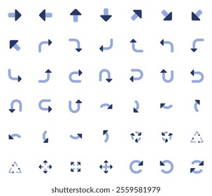 Vector icons set containing 42 arrows icon. Isolated arrow cursor collection. Simple modern pictogram shape - duotone rounded style (two colors).