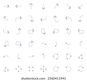 Vector icons set containing 42 arrows icon. Isolated arrow cursor collection. Simple modern pictogram shape - thin line duotone style (two colors).