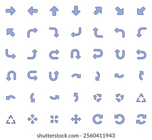 Vector icons set containing 42 arrows icon. Isolated arrow cursor collection. Simple modern pictogram shape - filled and outlined rouded style.