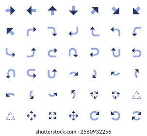 Vector icons set containing 42 arrows icon. Isolated arrow cursor collection. Simple modern pictogram shape - duotone sharp style (two colors).