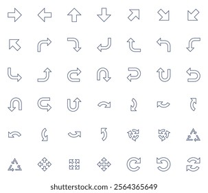 Vector icons set containing 42 arrows icon. Isolated arrow cursor collection. Simple modern pictogram shape - outline sharp style.