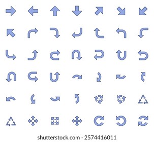 Vector icons set containing 42 arrows icon. Isolated arrow cursor collection. Simple modern pictogram shape - fill and outline sharp style.