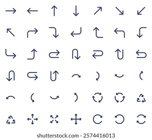 Vector icons set containing 42 arrows icon. Isolated arrow cursor collection. Simple modern pictogram shape - bold line style.