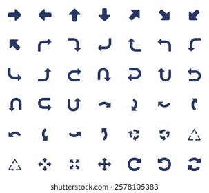 Vector icons set containing 42 arrows icon. Isolated arrow cursor collection. Simple modern pictogram shape - one color rounded style.