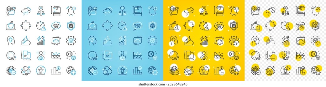 Vector icons set of Coronavirus, Recovered person and 360 degrees line icons pack for web with Box size, Laptop, Electricity consumption outline icon. Battery, Rainy weather. Vector