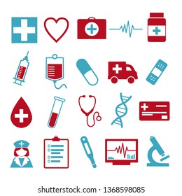 Vector Icons Set For Creating Infographics Related To Medicine And Health, Like Pill, Syringe, Nurse, Ambulance, Vial Or Stethoscope