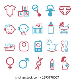 Vector icons set for creating infographics related to childbirth and newborn babies like pacifier, diaper, baby phone, crib, bib or rocking horse