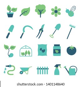 Vector icons set for creating infographics related to gardening and house plants, including flower, garden tool, greenhouse, hose and wheelbarrow