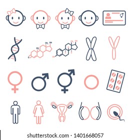 Vector Icons Set For Creating Infographics Related To Gender, Transgender And Intersex Like DNA, Hormone Pills, Male And Female Hormones