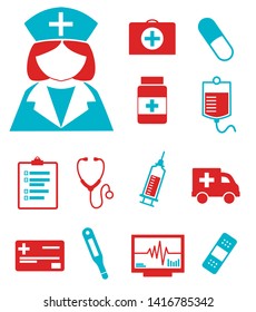 Vector icons set for creating infographics related to medicine and health care, like nurse, ambulance car, blood transfusion or clinical thermometer
