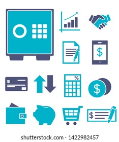 Vector icons set for creating infographics about finances, shopping and saving, including money safe, coins, calculator, credit card, contract and handshake