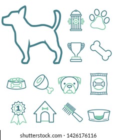 Vector icons set for creating infographics related to dogs, like dog silhouette, bone, paw print, dog food, kennel or comb