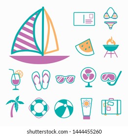 Vector icons set for creating infographics related to summer, travel and vacation, like sailing boat, bikini, postcard, water melon, sun glasses and suitcase