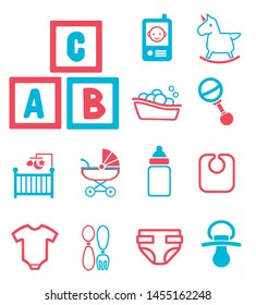 Vector icons set for creating infographics related to babies, children, and childbirth, including cute rocking horse, diaper, milk bottle, toys and baby phone