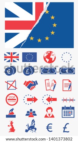 Vector icons set for creating infographics related to Brexit, European union, Great Britain and votes with torn EU and Unicon Jack flag
