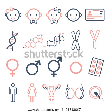 Vector icons set for creating infographics related to gender, transgender and Intersex like DNA, hormone pills, male and female hormones