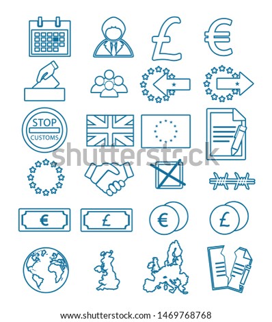 Vector icons set for creating infographics related to Brexit, European union, currency, Great Britain, treaty and votes