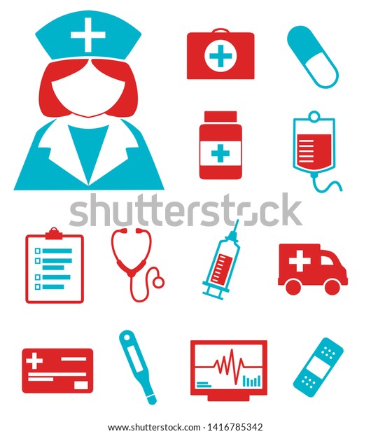 Vector icons set for creating infographics\
related to medicine and health care, like nurse, ambulance car,\
blood transfusion or clinical\
thermometer\
