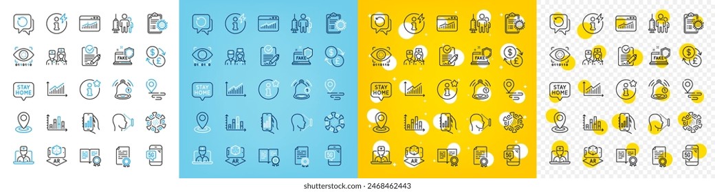 Vector icons set of Currency exchange, Telemedicine and Location line icons pack for web with Medical vaccination, Certificate, Face id outline icon. Coronavirus, Graph. Vector