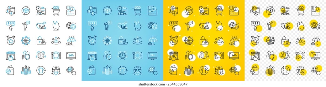 Vector icons set of Currency rate, Fishing float and Verification document line icons pack for web with Seo gear, 24h service, Time management outline icon. Lock, Employee benefits. Vector