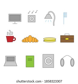 Vector icons set for daily routine, food, work equipment, personal hygiene, music, colored