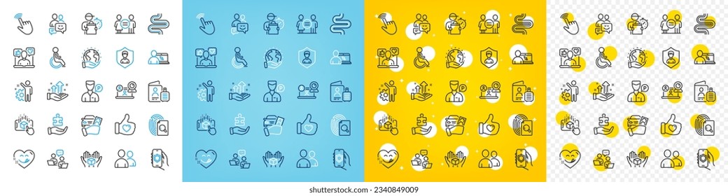 Vector icons set of Delivery man, Analysis graph and Teamwork line icons pack for web with Yummy smile, Security app, Rent car outline icon. Users, Equality, Hold box pictogram. Vector