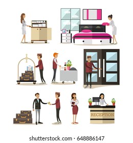 Vector icons set of deluxe hotel room, hotel staff and guests cartoon characters isolated on white background. Flat style design elements.