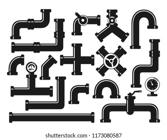 Vector icons set of details ware pipes system in flat style. Silhouette collection of water tube, plastic pipeline, filtres, gas valve, fittings, plumbing, faucet, sewage. Industrial technology.