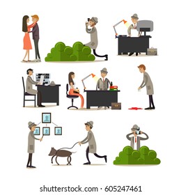 Vector icons set of detective profession characters isolated on white background. Private detective, enquiry agent working at office and outside flat style design elements.
