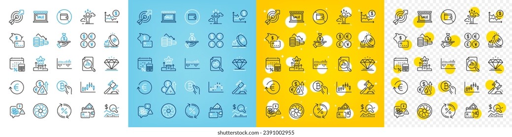 Vector icons set of Diamond, Fuel price and Money currency line icons pack for web with Difficult stress, Piggy bank, Loan outline icon. Candlestick graph, Target, Loan percent pictogram. Vector