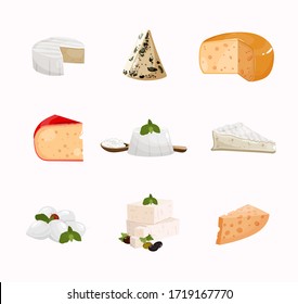 Vector icons set with different cheese types. Collection of popular cheese. Realistic Illustration of dairy products