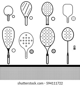 vector icons set of different game rackets, balls and shuttlecock to play to badminton, table and big tennis, beach  and platform tennis, pickleball, squash on white isolated backgrounds