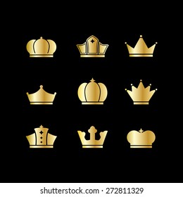 Vector icons set of different  gold crowns shapes,signs isolated on a black background