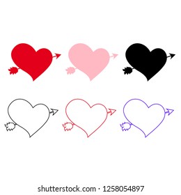 Vector icons set of different hearts pierced with arrow isolated on white background. Elements for wedding or valentine day greeting card design. Lovestruck marriage symbols. Love stickers, clip art.
