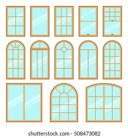 Vector icons set of different types of windows flat style. Architecture frame silhouette isolated. Building element illustration. Home shape design