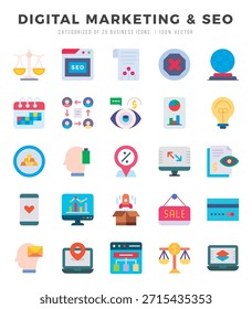 Conjunto de iconos vectoriales de MARKETING DIGITAL y SEO. Iconos de estilo plano.