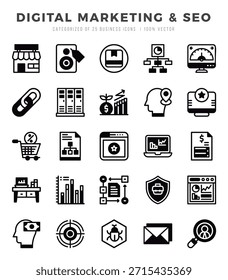 Vektorsymbole von Digital Marketing und SEO. Lineal ausgefüllte Formatsymbole.
