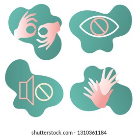 Vector icons set of disability. Flat design. Sign gesture, blind and deaf disability