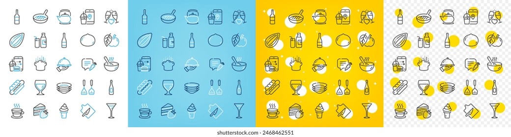 Vector icons set of Dishes, Cooking hat and Coffee cup line icons pack for web with Wine, Champagne bottle, Wine glass outline icon. Almond nut, Restaurant food, Milk pictogram. Cook. Vector