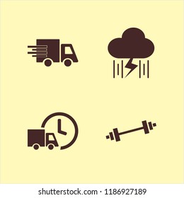 Vector icons set dumbbell, fast delivery truck and rain and lightning