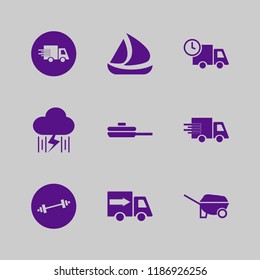 Vector icons set dumbbell, wheelbarrow, rain and lightning and pan