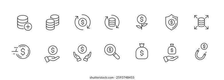 Vector icons set: economy, finance, business, growth, exchange.