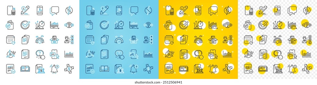 Ícones vetoriais conjunto de educação, troca de pagamento e teste de quiz linha de ícones pacote para web com opinião, Confirmado, Ícone de contorno de finanças móveis. Diagrama de dinheiro, turbina de moinho de vento. Vetor