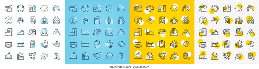 Vector icons set of Electricity factory, Inclusion and Checklist line icons pack for web with Timer, Stock analysis, Money outline icon. Puzzle, Report, Credit card pictogram. Brush. Vector