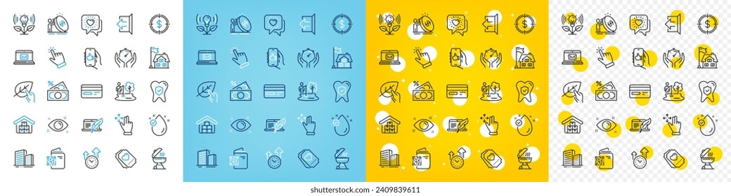 Vector icons set of E-mail, Organic tested and Sign out line icons pack for web with Building, Love ticket, Dental insurance outline icon. Money tax, Like app, Buildings pictogram. Vector