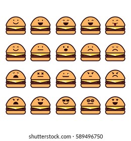 Vector icons set of emoji in the shape of burger on white background.